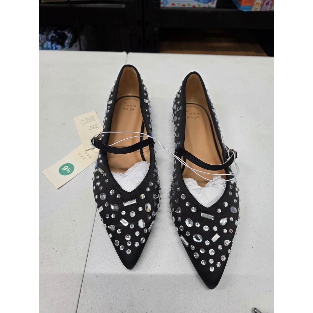 A New Day Womens Black Rhinestone Pointed Toe Mary Jane Flats Size 9.5 NWT